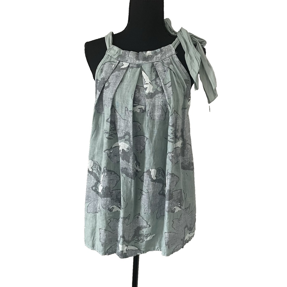 BELLAMBRA Womens Sz M Sage/Multi 100% Linen Pleated Floral‎ Tie Neck Top Italy